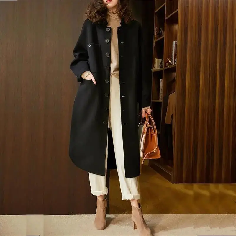 

Autumn Women's Long Woolen Coat Retro Fashion Chic and Elegant Felame Black Jacket Windbreaker Casual Winter Street Loose Coat