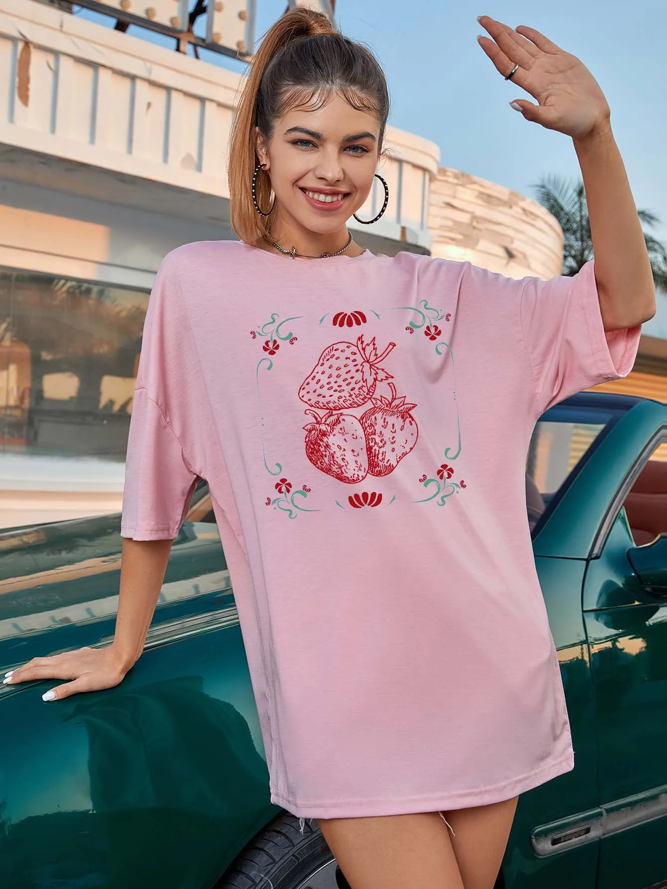 

Рубашка женская оверсайз с рисунком клубники, Модный хлопковый Повседневный милый топ свободного покроя в стиле гранж и tumblr, на лето