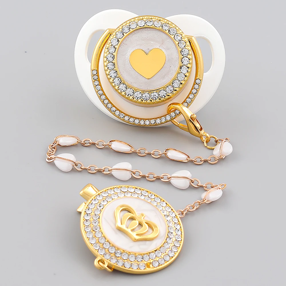

Gold Pacifier Beads Personalised Heart-shaped Handmade Chain Clip BPA Free Silicone Infant Pacifier For Baby Shower Gift Chupete