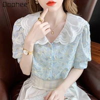fashion clothes woman 2022 summer new womens sweet lace peter pan collar embroidered top loose puff sleeve floral chiffon shirt