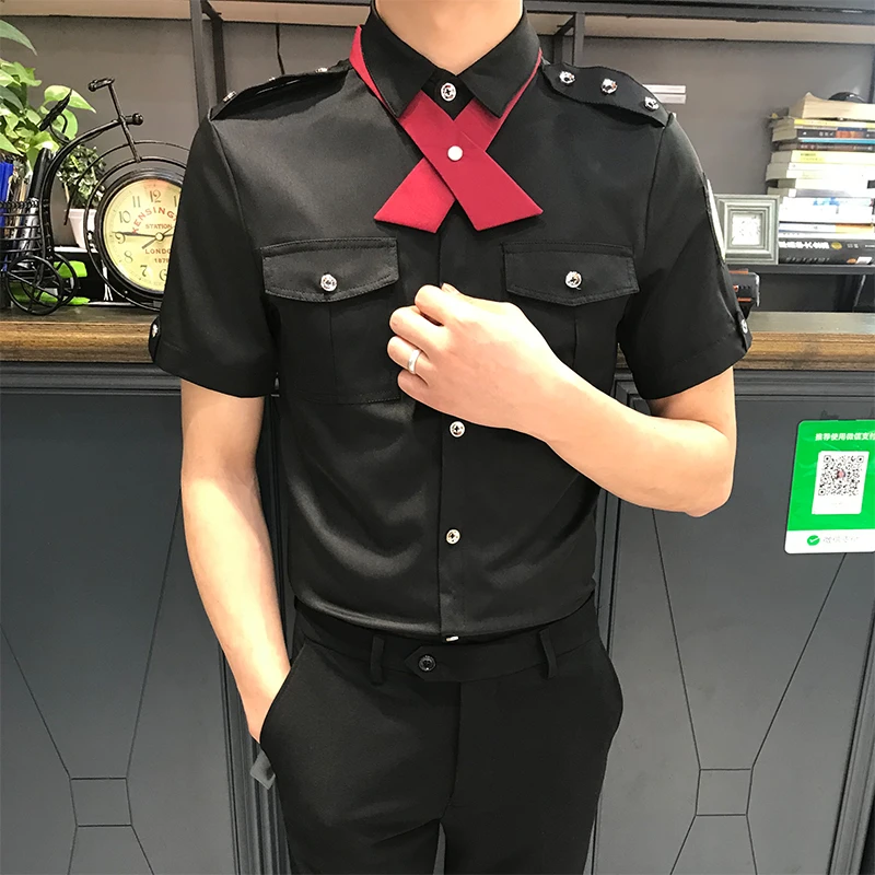 Tie Work Uniform Shirts for Men Summer Short Sleeve Casual Slim Shirt Social Party Tuxedo Blouse Couple Nightclub TopsStreetwear