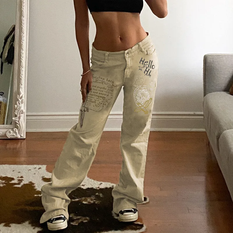 

Y2k Khaki Print Jeans Women Embroidery Patch Denim Pants Vintage High Waist Straight Streetwear Harajuku Boyfriend 90s Trousers