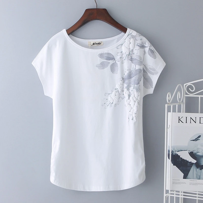 

2021 Summer Women T-Shirt 95% Cotton Loose Flowers Short-Sleeve T-Shirt Female White Green Printing T-shirt Basic Large Size 4XL