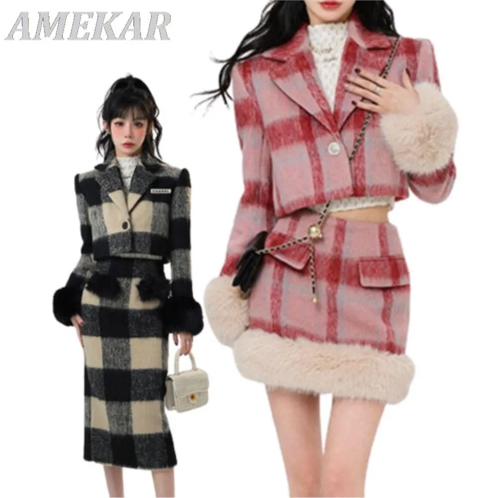 

Lady Winter Plaid Christmas Knitted Suits For Women Clothing Korean Fashion Blazer Coats + Mini Skirts 2 Piece Set Vintage Pink