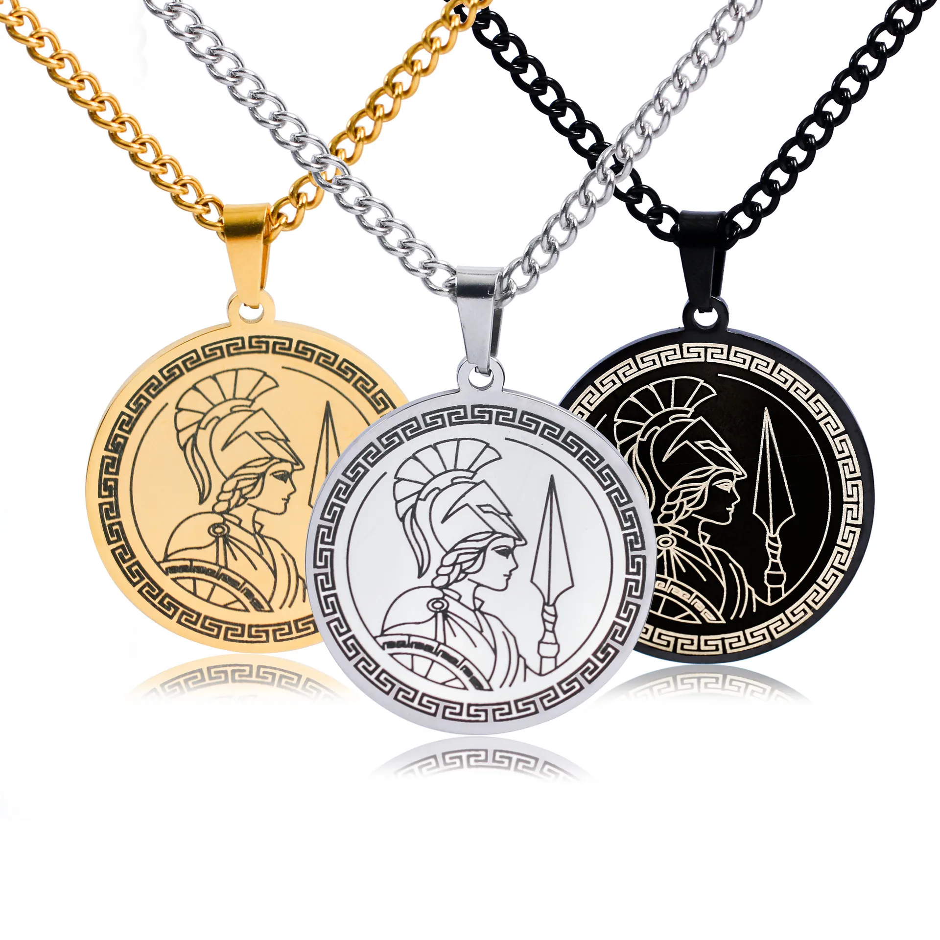 

New stainless steel ancient Greek goddess of war wisdom Athena round pendant men and women necklace