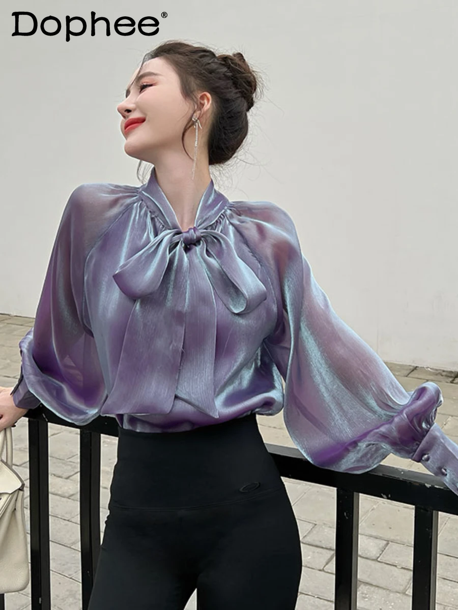

Elegant Mesh Bow Blusas for Women 2022 New Autumn Graceful Fashion Bright Silk Lantern Long Sleeve Chiffon Shirt Pullover Tops