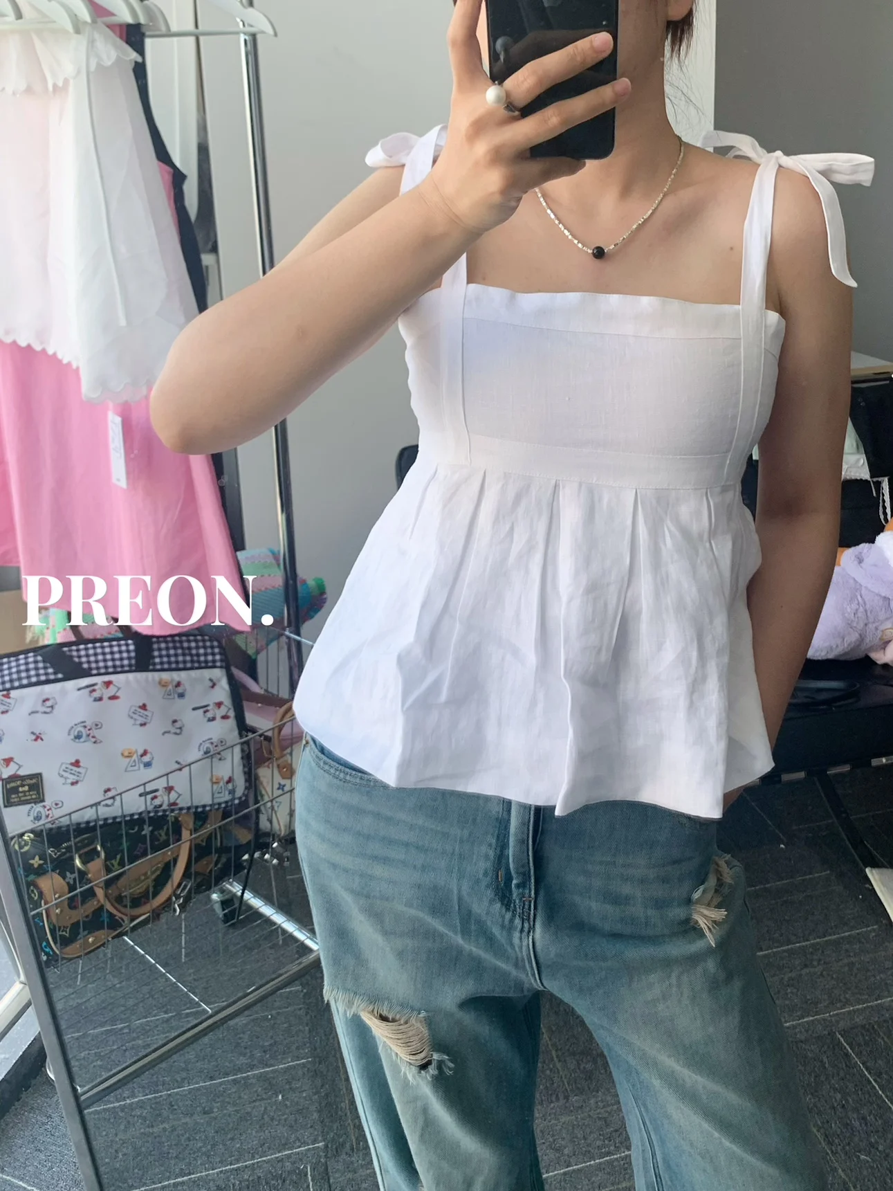 Preon Summer New Bow Bandage White Loose Sling Cotton Linen Vest Top Barnnet Sle