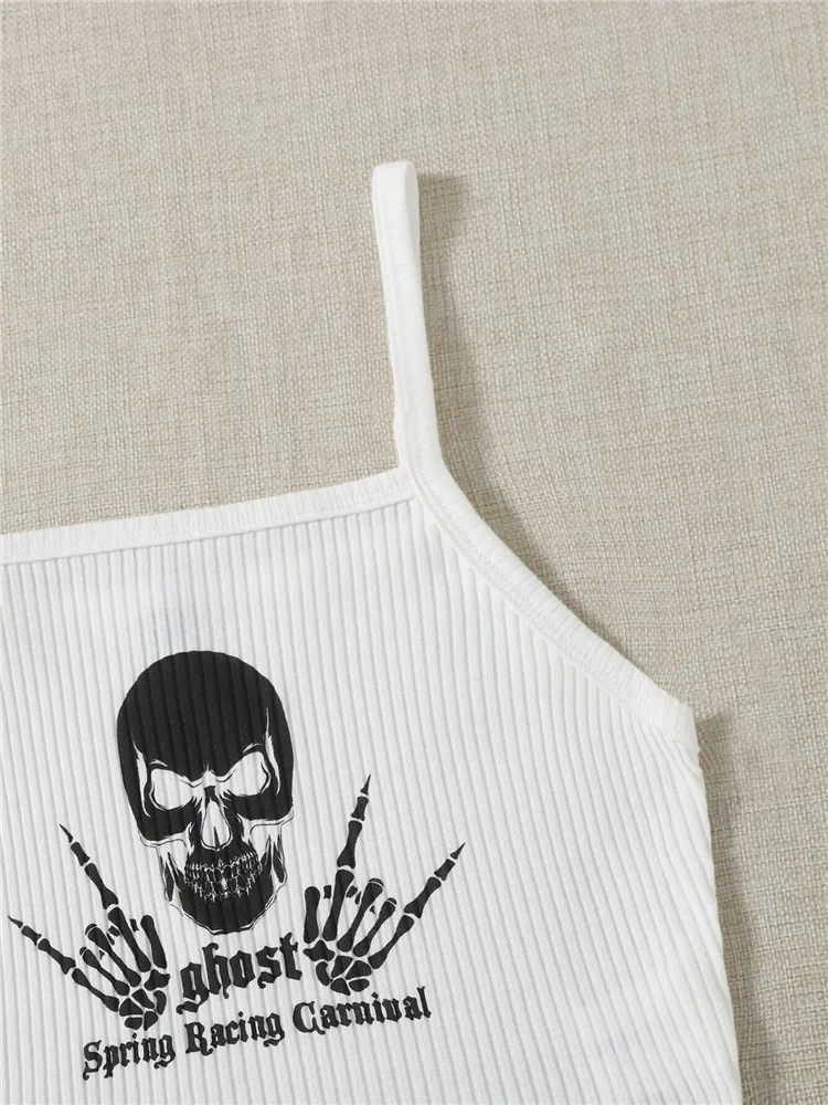 Женский укороченный топ в готическом стиле готический рубчик с принтом черепа и