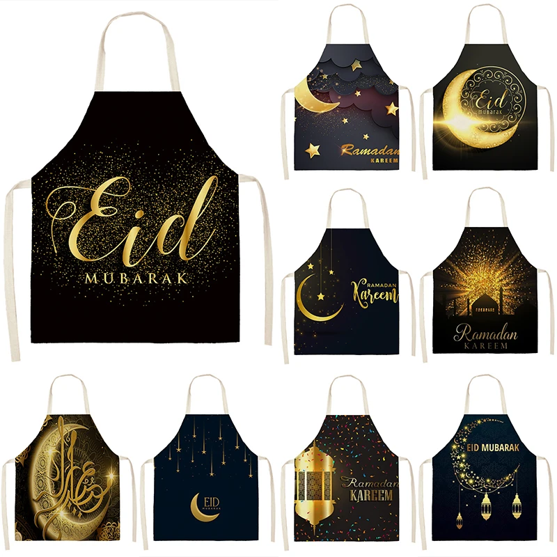 

Muslim Eid Mubarak Printed Kitchen Apron For Women Ramadan Kareem Home Cooking Baking Star Crescent Cotton Linen Waist Bib Decor
