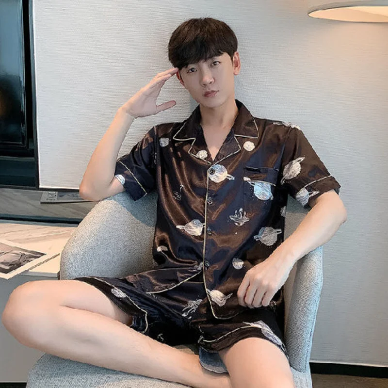 Пижамный комплект мужской с эластичным поясом шелковая одежда для сна коротким