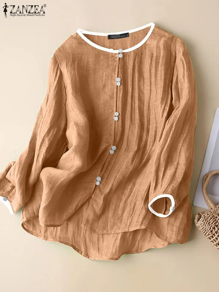 

Повседневные пляжные топы ZANZEA, Весенняя женская блузка с длинным рукавом и круглым вырезом, винтажная рубашка, женские Модные свободные блузы, Однотонная рубашка