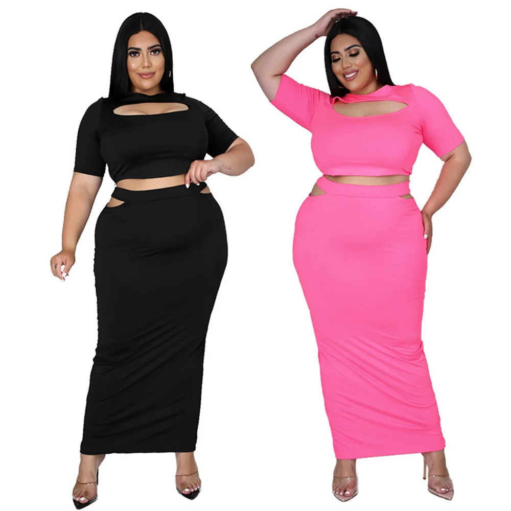 Plus Size Two Piece Set Women 5xl Wholesale Skirts Suit Solid Crop Top with Bandage Elastic Waist Maxi Skirt s 3xl 4xl 5xl 6xl