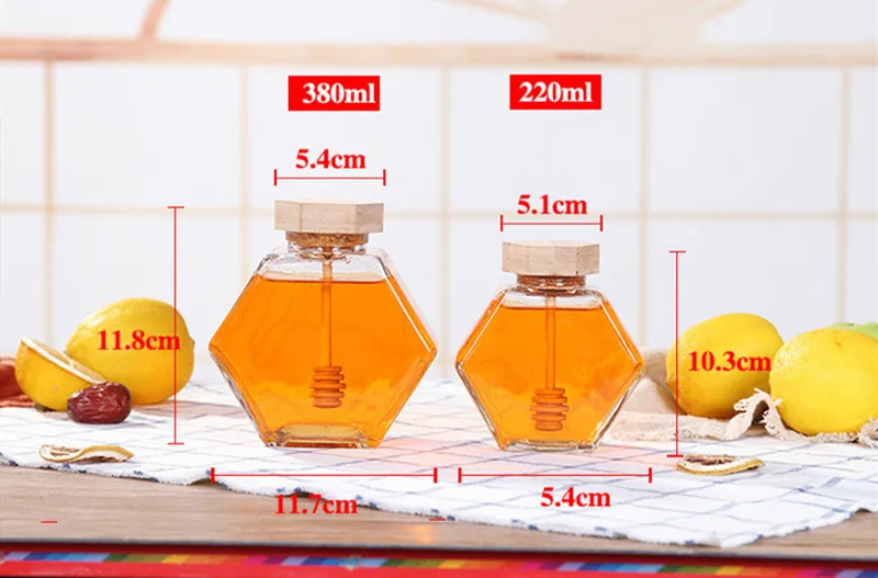 220 мл/380 мл прозрачная стеклянная шестиугольная банка для меда мини-маленькая