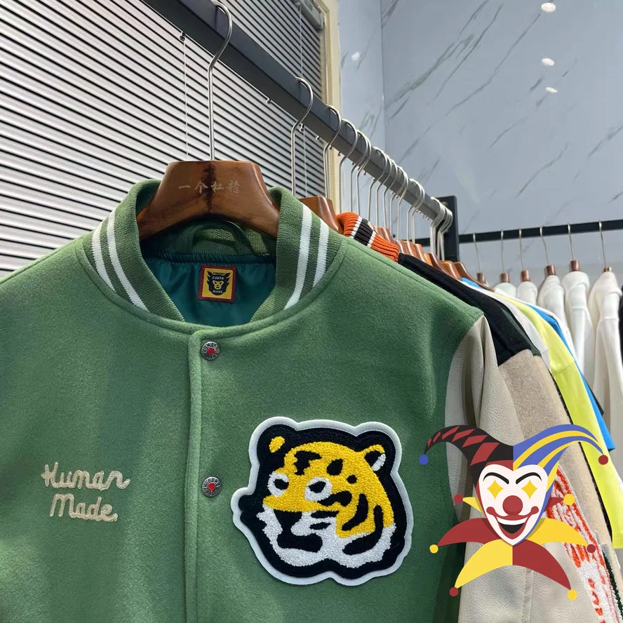 

Green Patchwork Human Made Girls Don’t Cry Varsity Baseball Jacket Men Women Tiger Leather Sleeve Coat