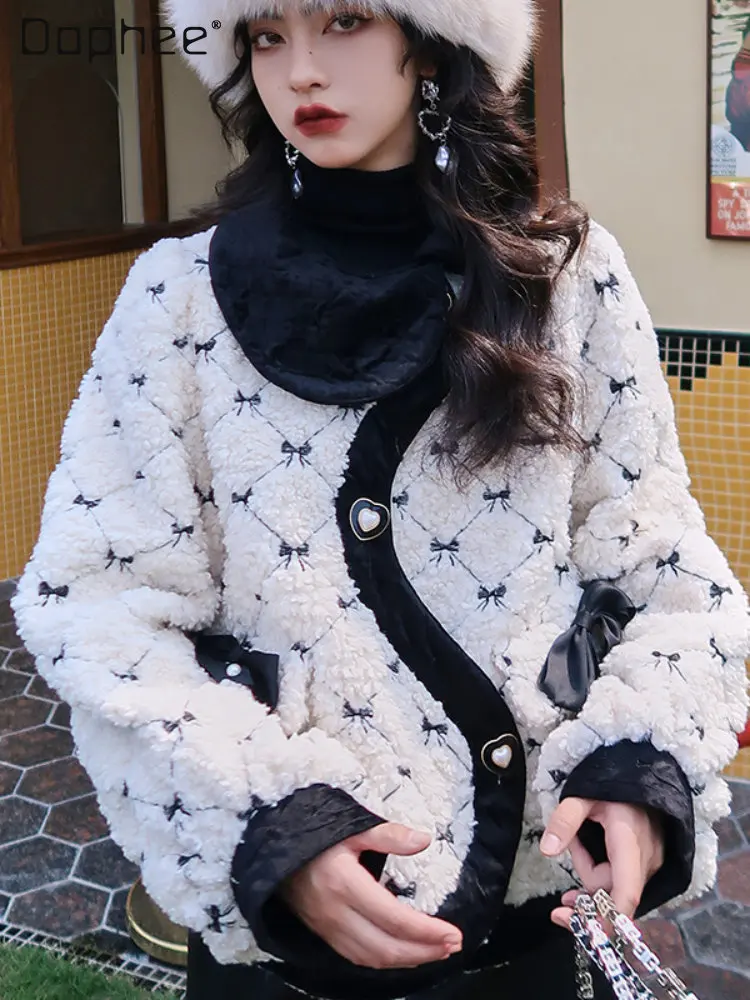 Sweet Winter Clothes Women French Style Elegant Thick Warm Diamond White Coat 2022 New Cute Long Sleevre Bow Cotton Padded Coats