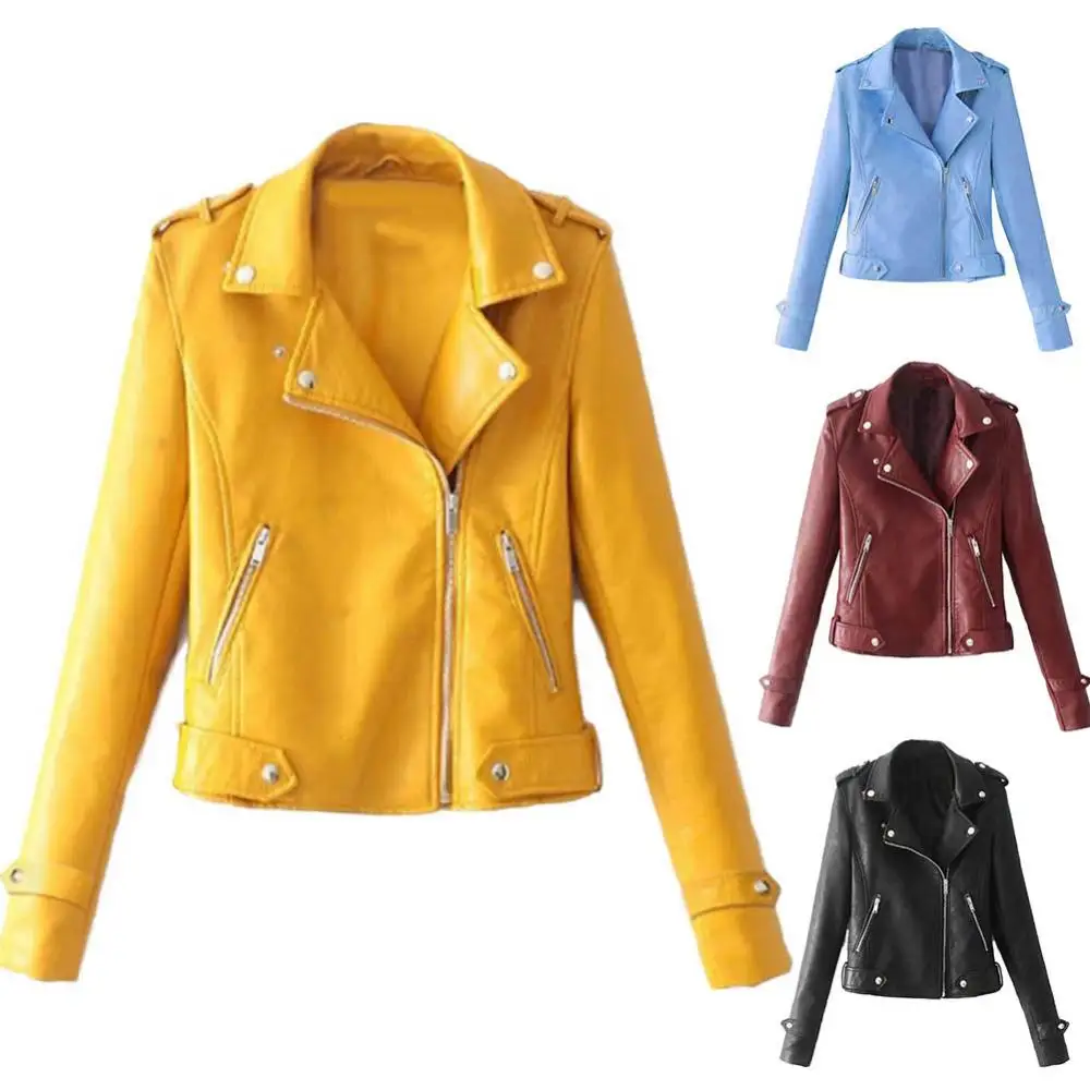 Lapel Long Sleeve Jacket Coat Women Solid Color Faux Leather Motorcycle Zip Up Coat