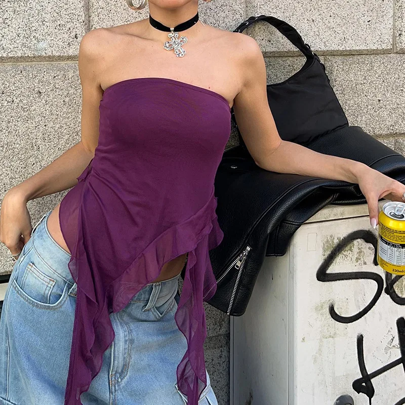 

Gtpdpllt Mesh Ruffled Fringed Asymmetrical Top Y2k Streetwear Festival Outfits Woman Summer Strapless Tank Tops Womens Vest