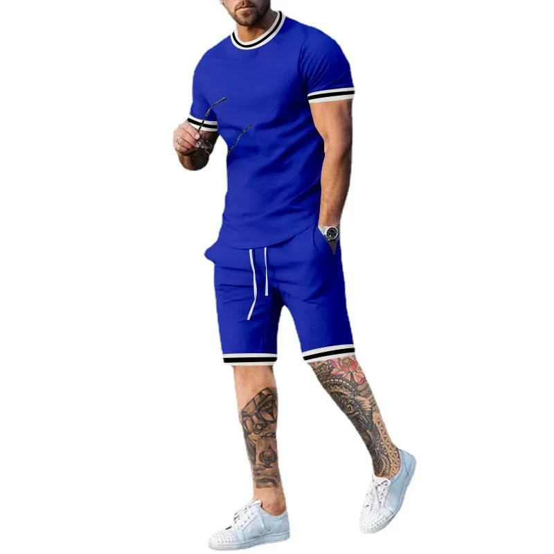 2023 Men's Summer Pullover Short Sleeve Shorts Set Casual Round Neck Loose T-shirt Two Piece Set