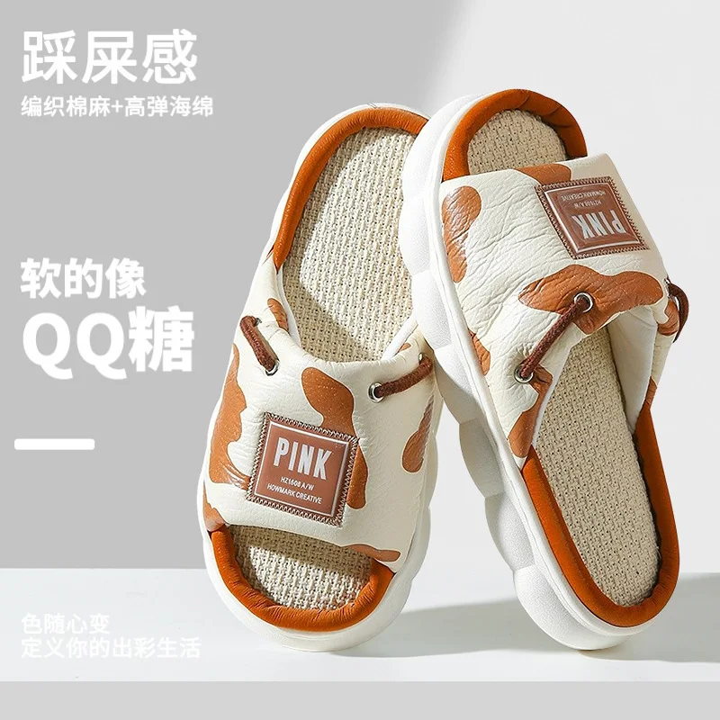 Home Linen Slippers for Women Spring Summer Breathable Cozy Flip Flops Girls Platform Cloud Cow Spots Sandals Ladies Shoes Slide
