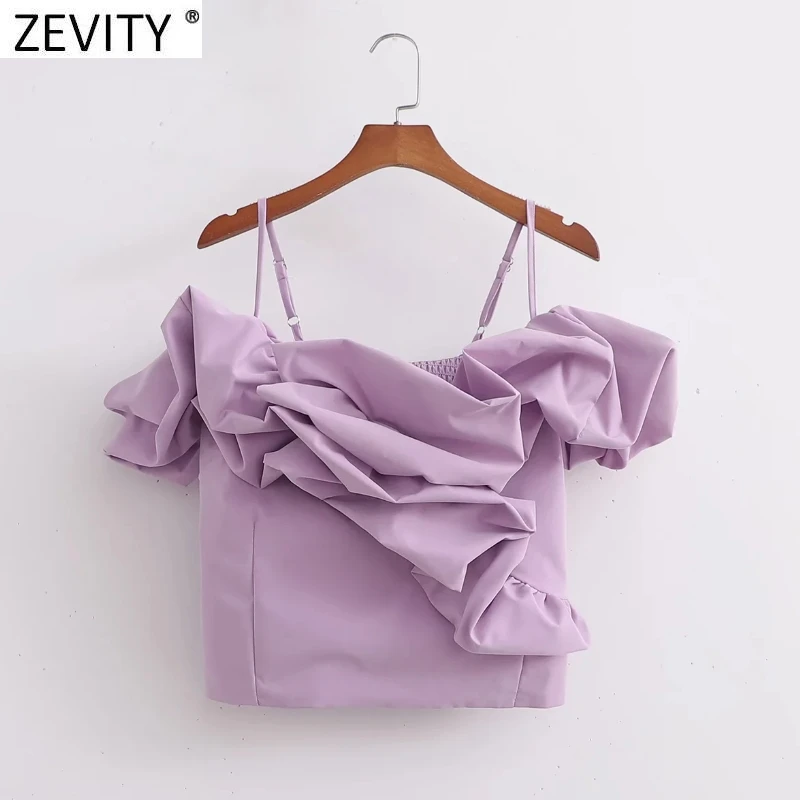 

Zevity Women High Street Pleated Ruffles Spaghetti Strap Purple Short Sling Blouse Ladies Chic Bud Crop Suspender Tops LS10026