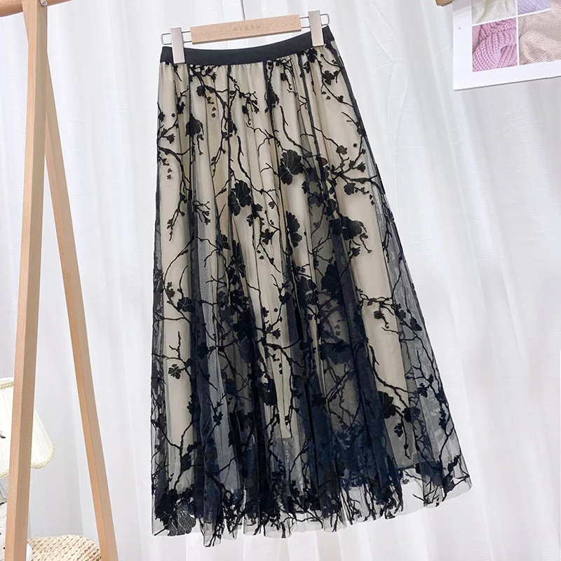 

2022 2022 Pleated Skirts Printed Flower Elastic High Waist Double Layer Vintage Female Elegant Loose Skirt 2A6049