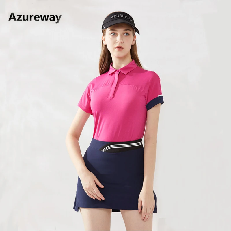 Azureway Golf Suit Ladies Short Sleeve T-shirt Summer Breathable Slim Golf Top Women Professional Golf Shirts Short Skirt