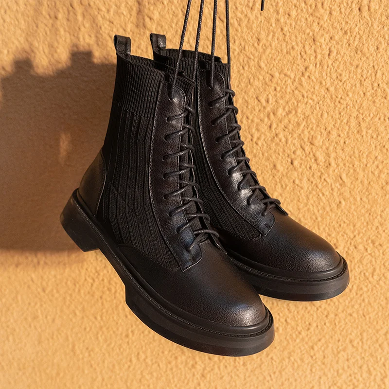 

With Woman Martin Laup-Up Ladies Winter Shoes For Women Leather And Knit Patchwork Round Toe Ankle Boots Concise botas