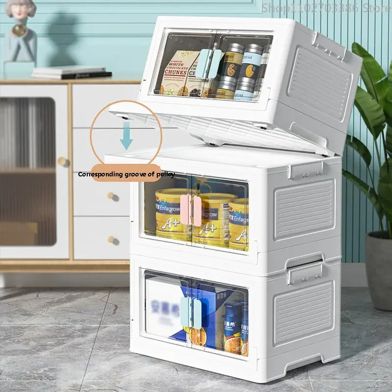

Transparent Double Door Folding Storage Cabinet Home Bedroom Clothes Storage Sundries Toys Snacks Sorting Box Bedside Table