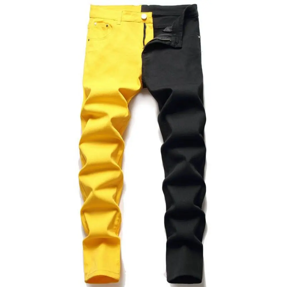 Fashion Retro Men Jeans Pants Denim Trousers Patchwork Color Contrast Slim Fit High Street Straight Trend Stitching Jeans