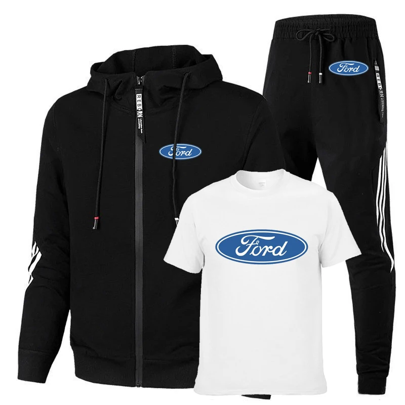 

High quality Spring Autumn Cotton Casual Men's Zip Jacket Ford Car Logo Print Men's jacket + sweater+pants three-piece suit