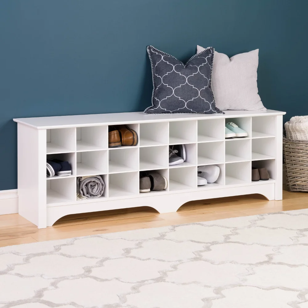 

24 Shoe Cubby Wide Hall Bench, Wood，White，15.50 X 60.00 X 20.20 Inches（WSS-6020）