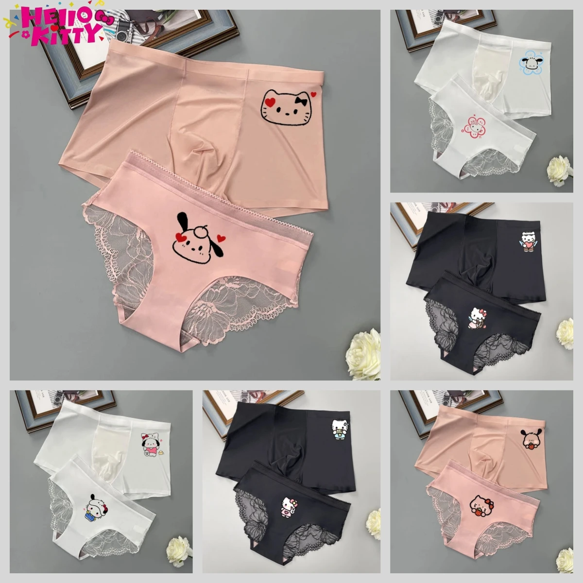 

Hello Kitty Kuromi Anime Ice Silk Seamless Couple Underwear Kawaii Printed Thin Breathable Lace Panties for Women Cute Boys Gift