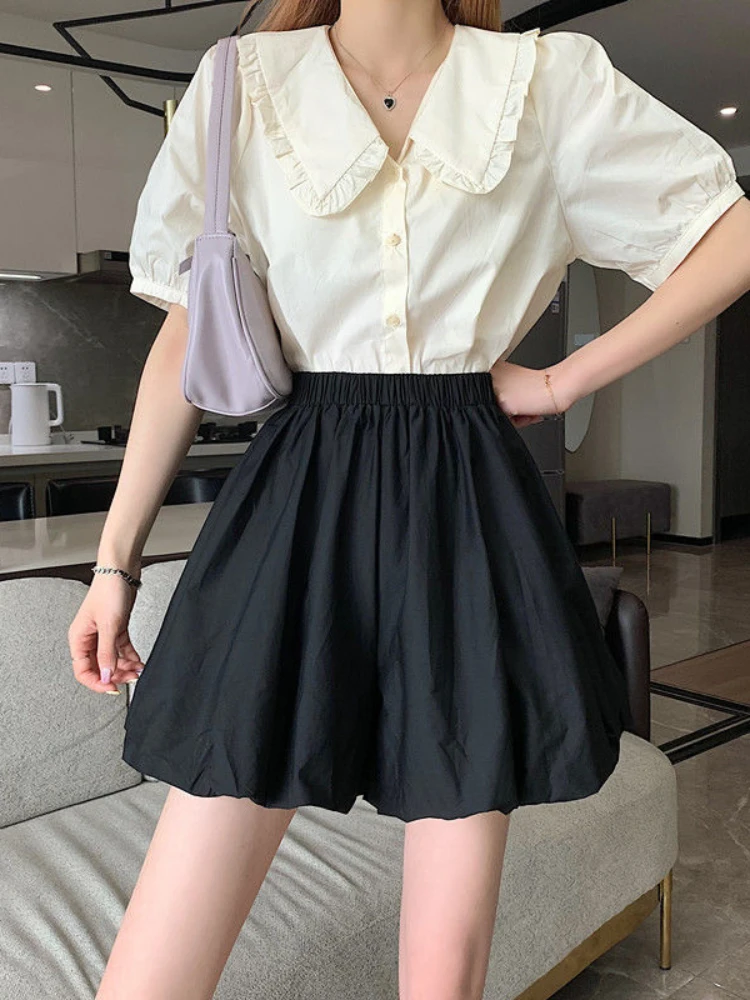 ADAgirl Black Bloomers Elastic Wasit A-line Mini Shorts Skirts Summer Casual Classic Korean Fashion Cute Solid Balletcore Bottom