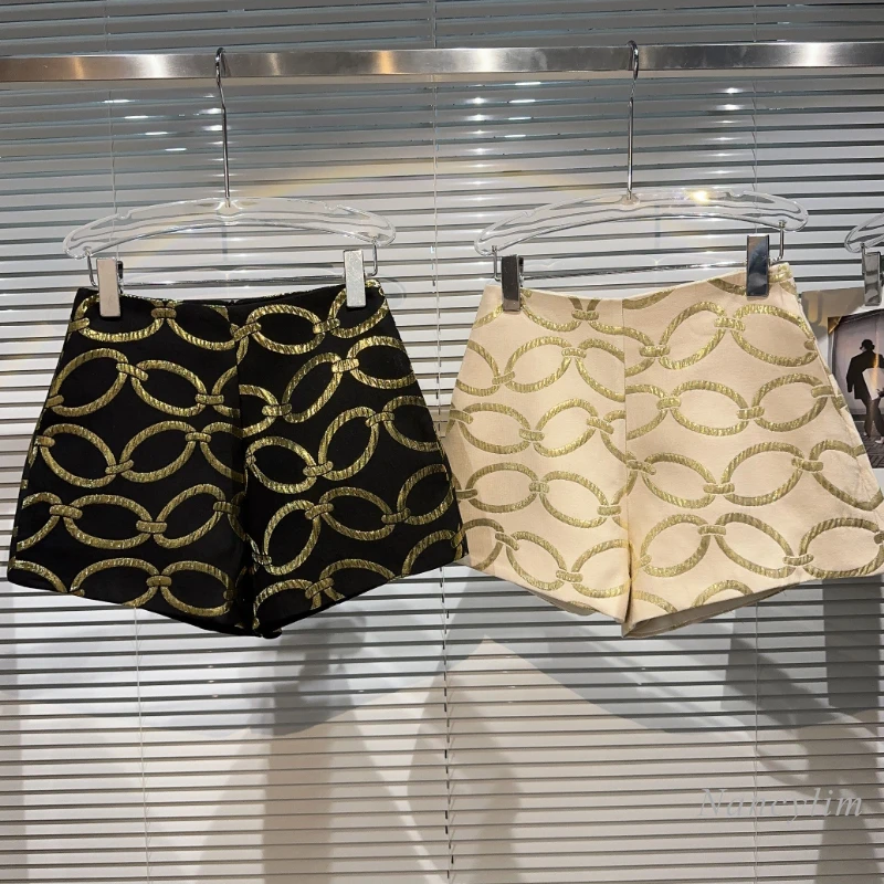 

2023 Early Autumn New Golden Printed Chain Shorts for Women Elegant Socialite Three-Point Shorts Pantalones Mujer