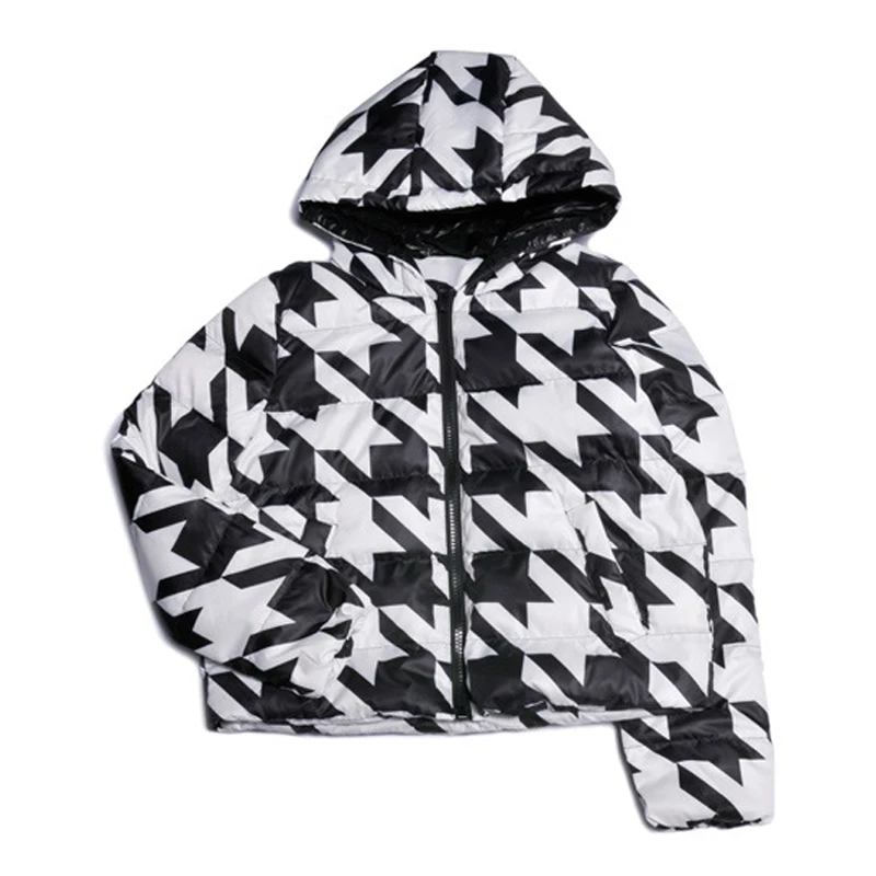 2022 Autumn and Winter Women's Short Thin Jacket Houndstooth Printing Windproof Puff Jacket Highstreet Outwear Clothing