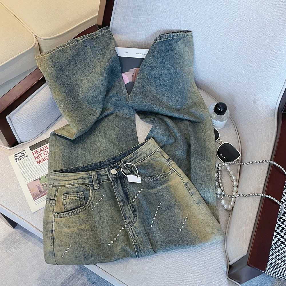 

Женские джинсы с вышивкой в американском стиле, синие прямые повседневные брюки с высокой талией, уличные модные женские джинсовые брюки с широкими штанинами