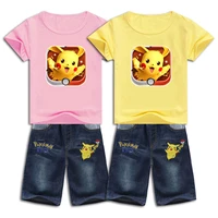 new fashion summer casual pikachu sport suit set pokemon printed clothing for baby girls boys slevessless denim shorts 2pcs set