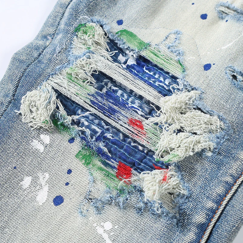 High Street Fashion Designer Men Jeans Retro Blue Stretch Skinny Ripped Jeans Men Button Fly Painted Patched Hip Hop Brand Pants