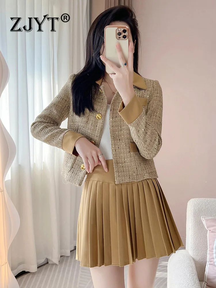 

ZJYT Autumn Winter Tweed Dress Suit Women Designer Elegant Woolen Jacket+Mini Pleated Skirt Set 2 Piece Outfits Vintage Casual