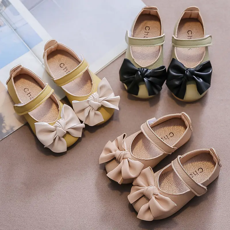 

2022 New Spring Girls Leather Shoes Princess Shoes Western Style Single Shoes Soft Sole Peas Shoes Flower Girl Shoes Black Shoes