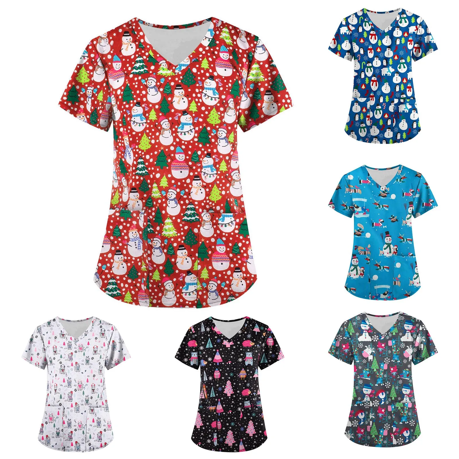 

2023 Рождественская Униформа с коротким рукавом и V-образным вырезом, Рождественский топ с графическим принтом, Новогодние рождественские то...