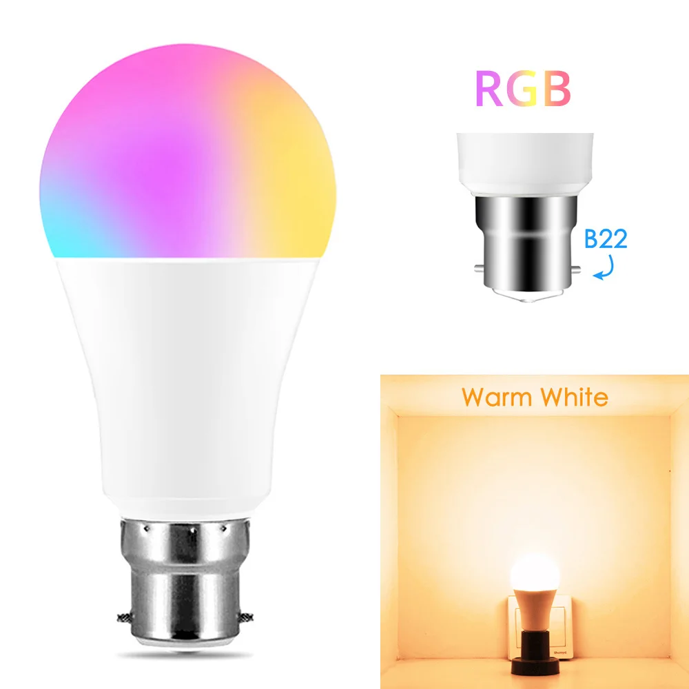 

Умсветильник лампа B22 E27 с Wi-Fi, 15 Вт, светодиодная лампа RGB, работает с Alexa/Google Home, 85-265 в, RGB + белый, с регулируемой яркостью, функция таймера, волш...