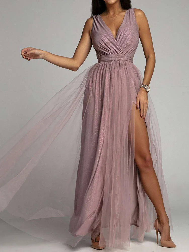 

New Solid Lace Mesh Ladies Robe Dress Sexy Sleeveless Folds Maxi Birthday Dress Fashion V Neck Tunic Bandage Party Evening Dress
