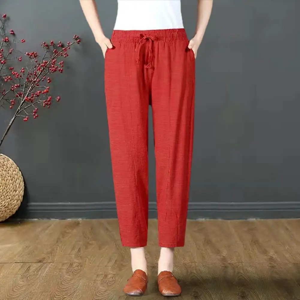 Women Pants Elastic Waist Straight Loose Drawstring Solid Color Daily Wear Casual High Waist Harem Pants Female Clothing