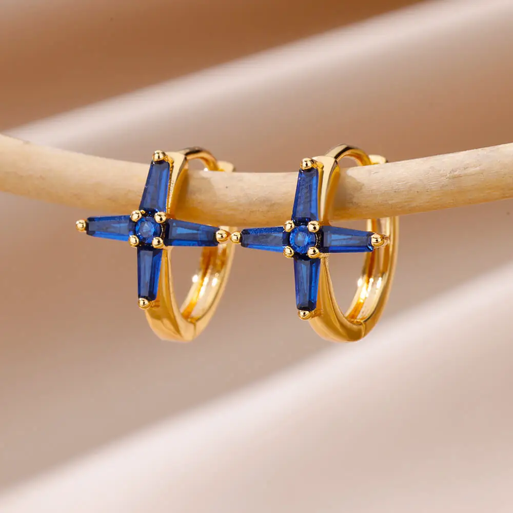 

Zircon Bule Cross Star Earrings For Women Stainless Steel Hoop Earring 2023 Trending Luxury Wedding Party Jewelry free shipping