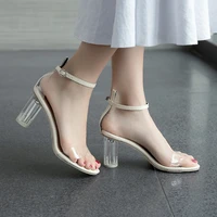 summer pvc transparent high heel women shoes crystal sandals new crystal thick heel word sandals fashion round heel sandals