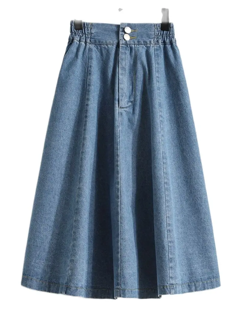 

2022 Spring Summer High Waist Elegant Long Denim Skirt Loose A-line Blue Skirts Fashion Womens Button Office Lady Casual Big Hem