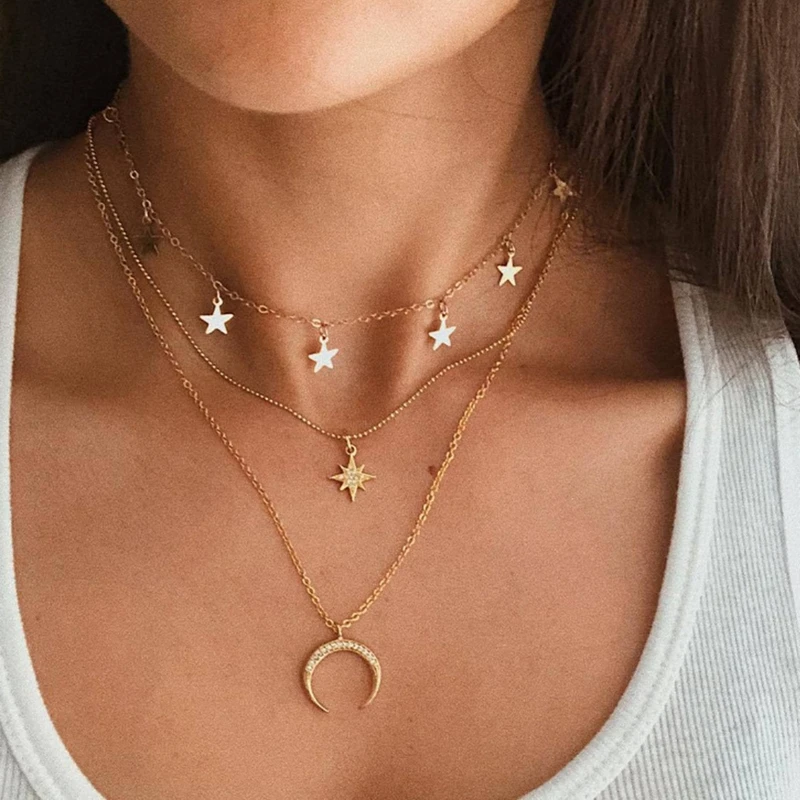 

Fashion Eight-pointed Star Crescent Three Layer Necklace Women Gold Ckoker Necklace Retro Creative Pendant Clavicle Chain