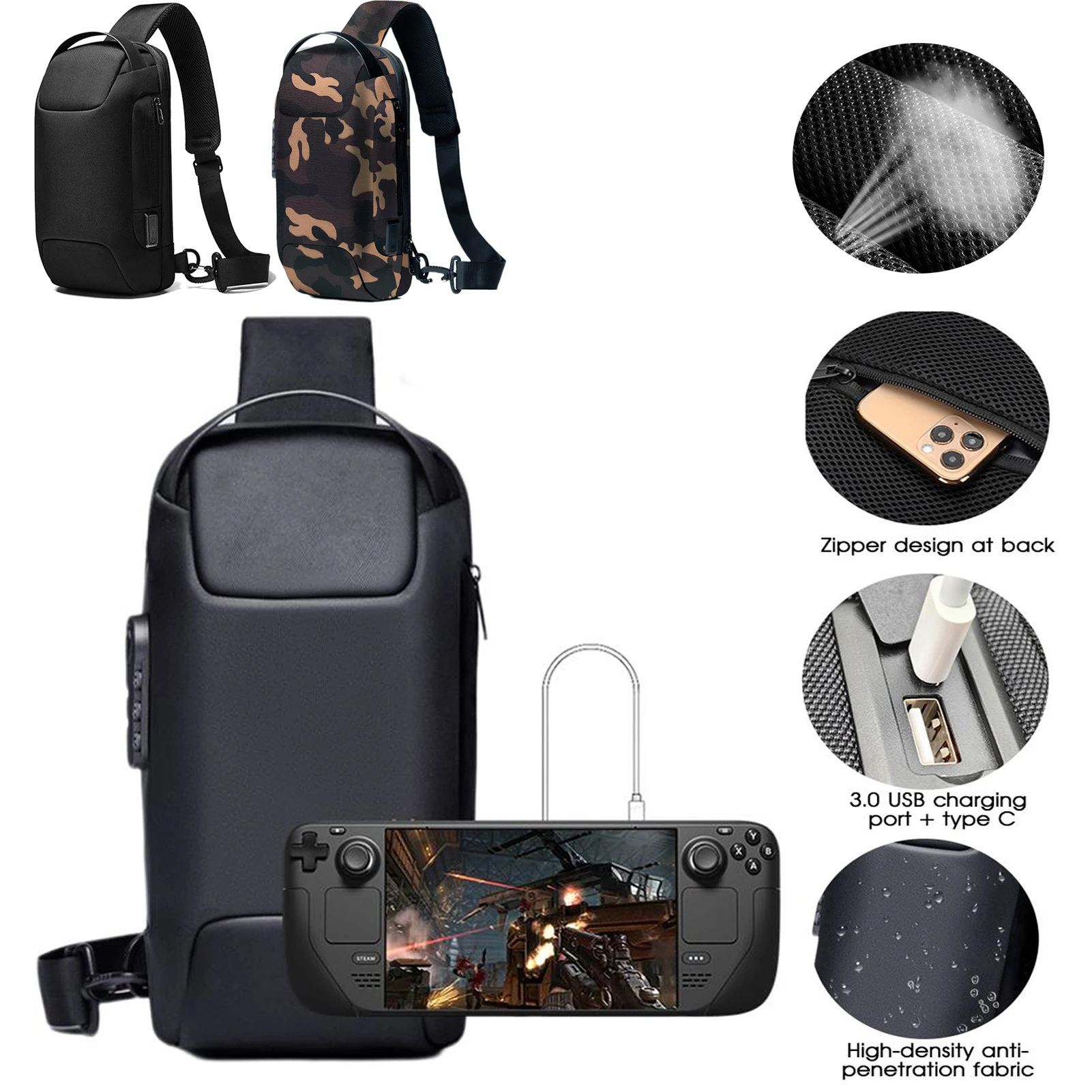 

Game Console Crossbody Suitcase With Anti-theft Lock Portable Carrying Storage Bag Charging Hole Position for Steam Deck (Black)