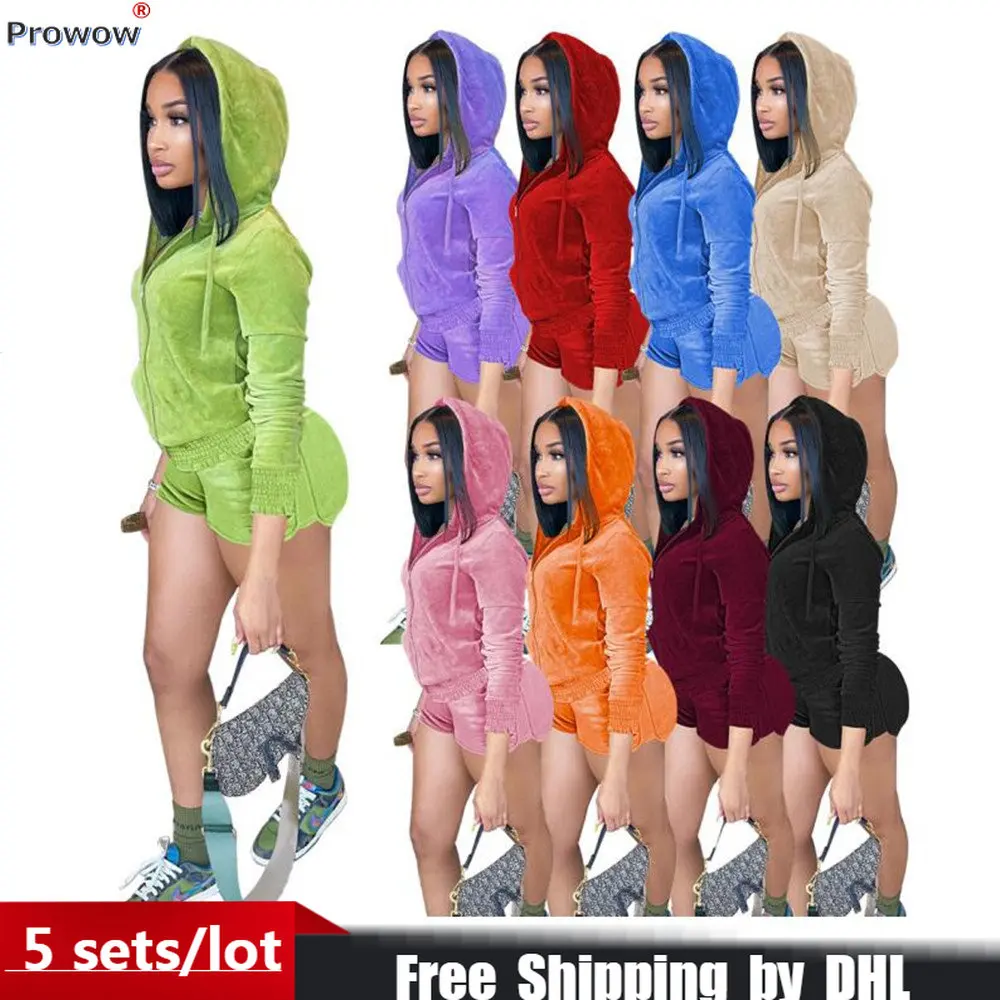 

Женский бархатный спортивный костюм, повседневный комплект из двух предметов, куртка с капюшоном и шорты с длинным рукавом и оборками, 8190